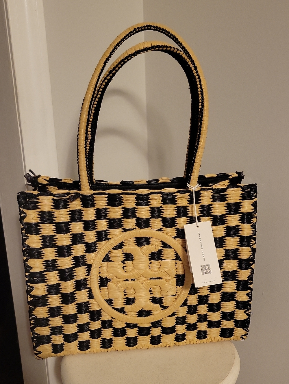 Tory Burch "Ella" Raffia Tote Bag in Black & Natural  NWT